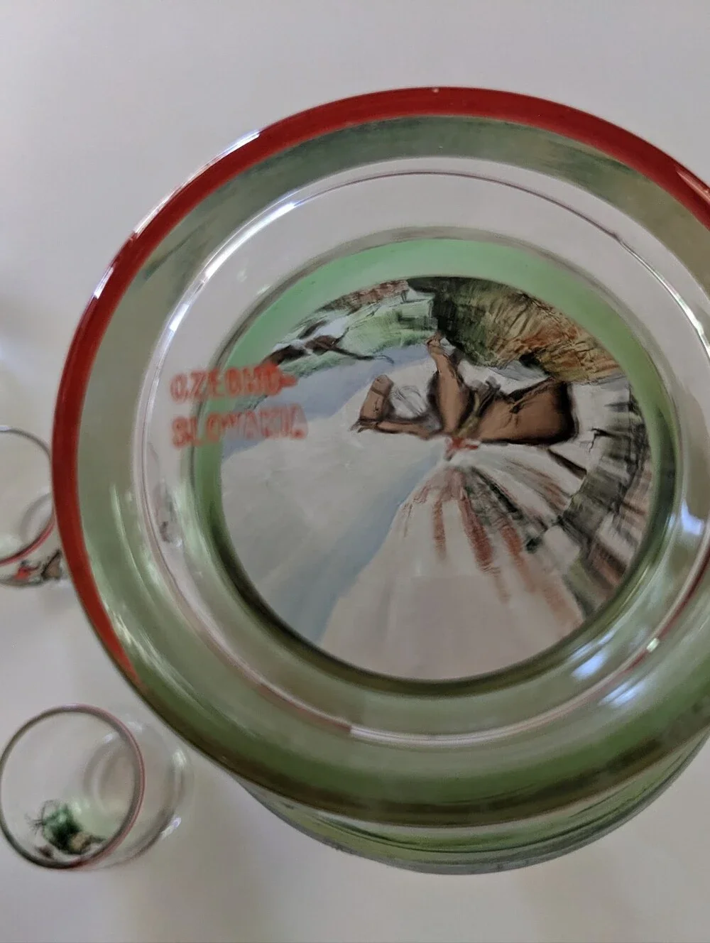 1930's Czechoslovakian Glass Decanter Set with Equestrian Scene and Red Trim.